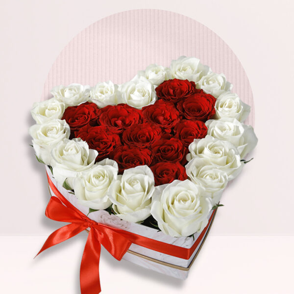 Red & White roses in Heart shaped Box