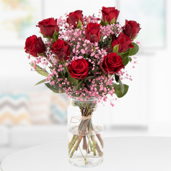 10 Red Roses (40cm) with Pink Gypsophila for Valentine's Day